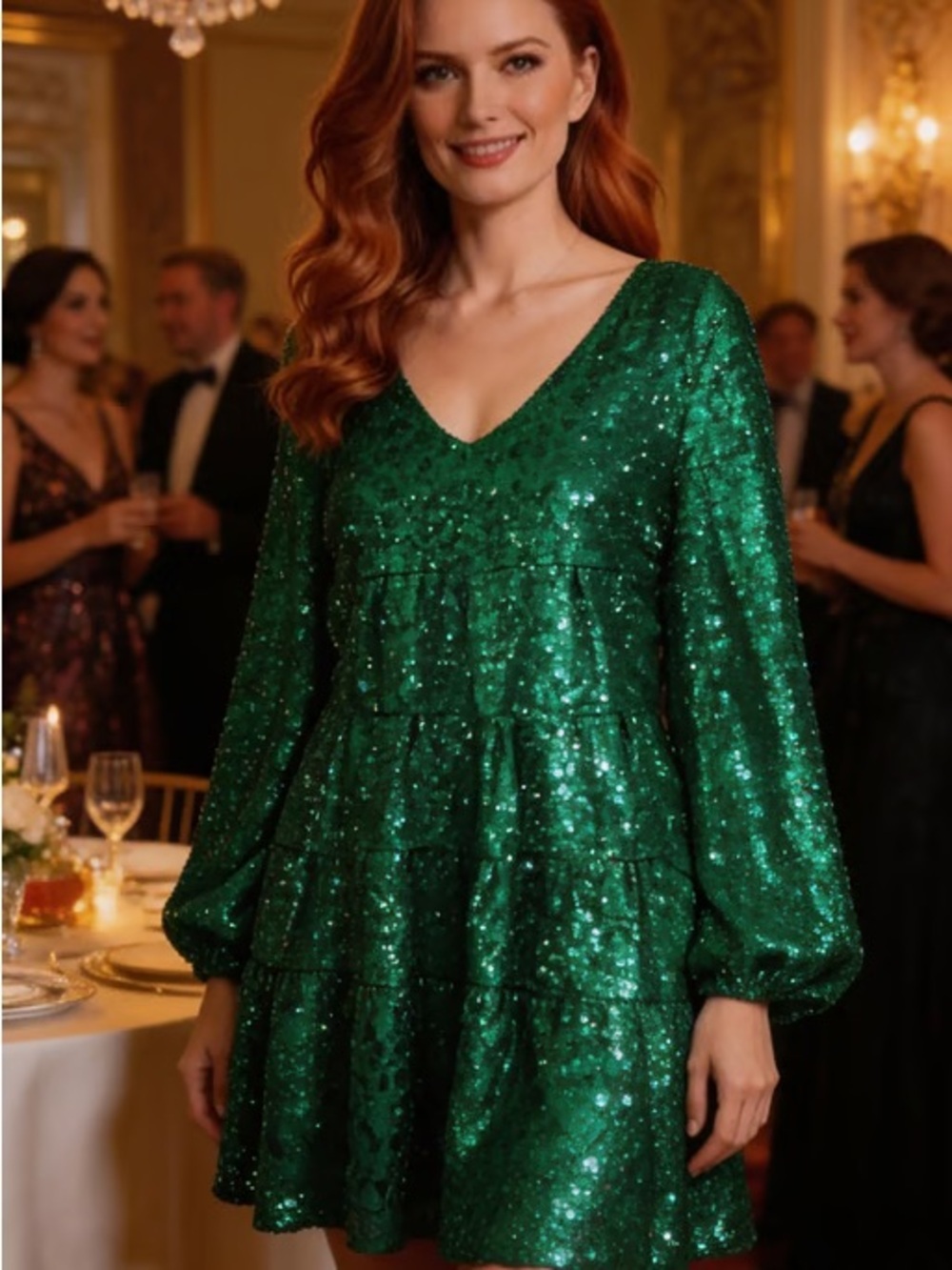 MSK Green sequin long sleeve blouse with bell sleeves S